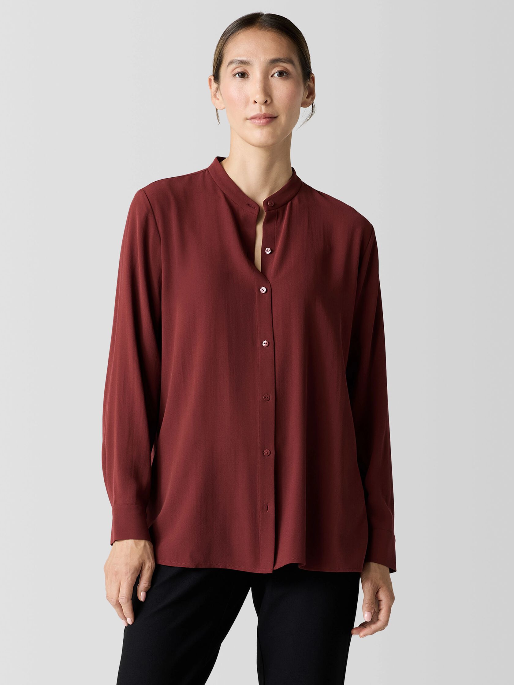 Silk Georgette Crepe Band Collar Shirt