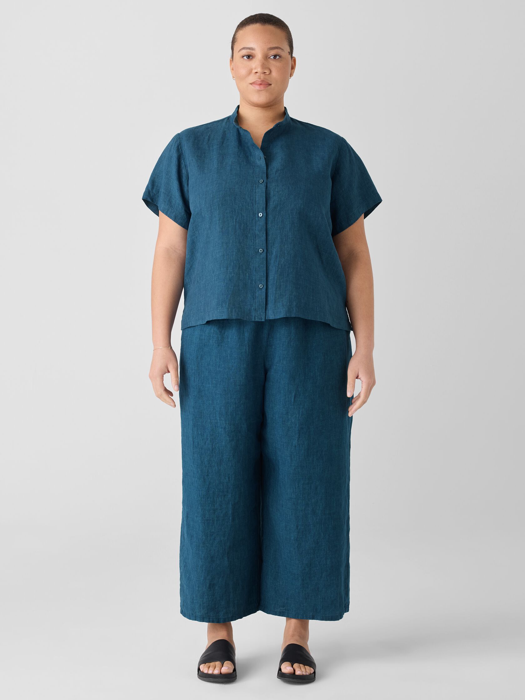 Washed Organic Linen D&eacute;lav&eacute; Band Collar Shirt