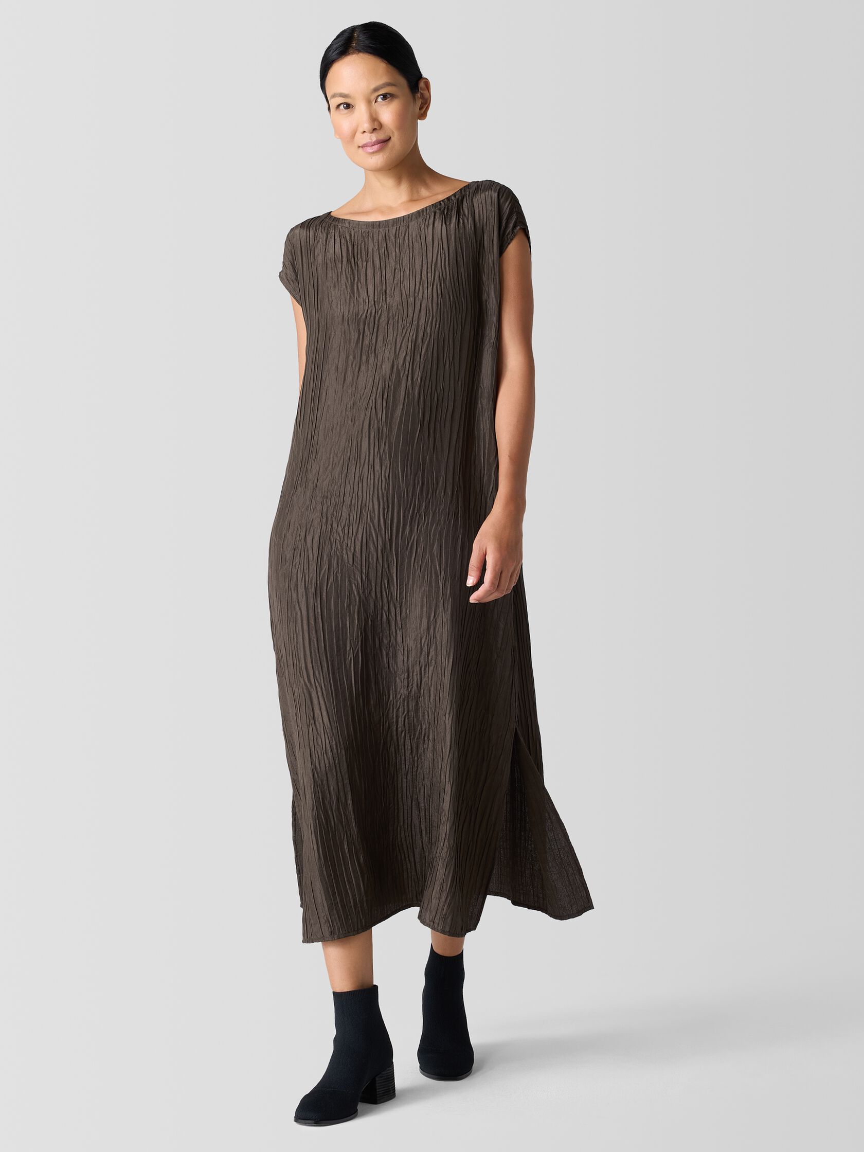 Textured Silk Jacquard Bateau Neck Dress