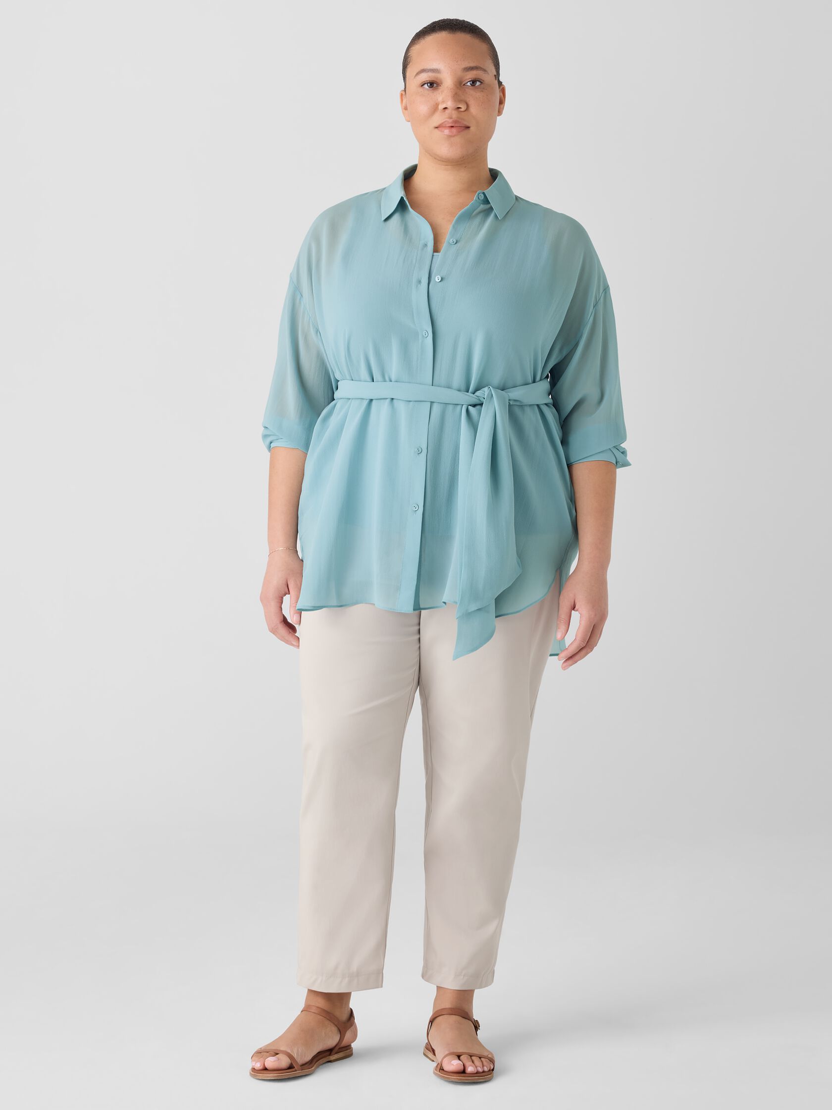 Sheer Silk Georgette Belted Shirt