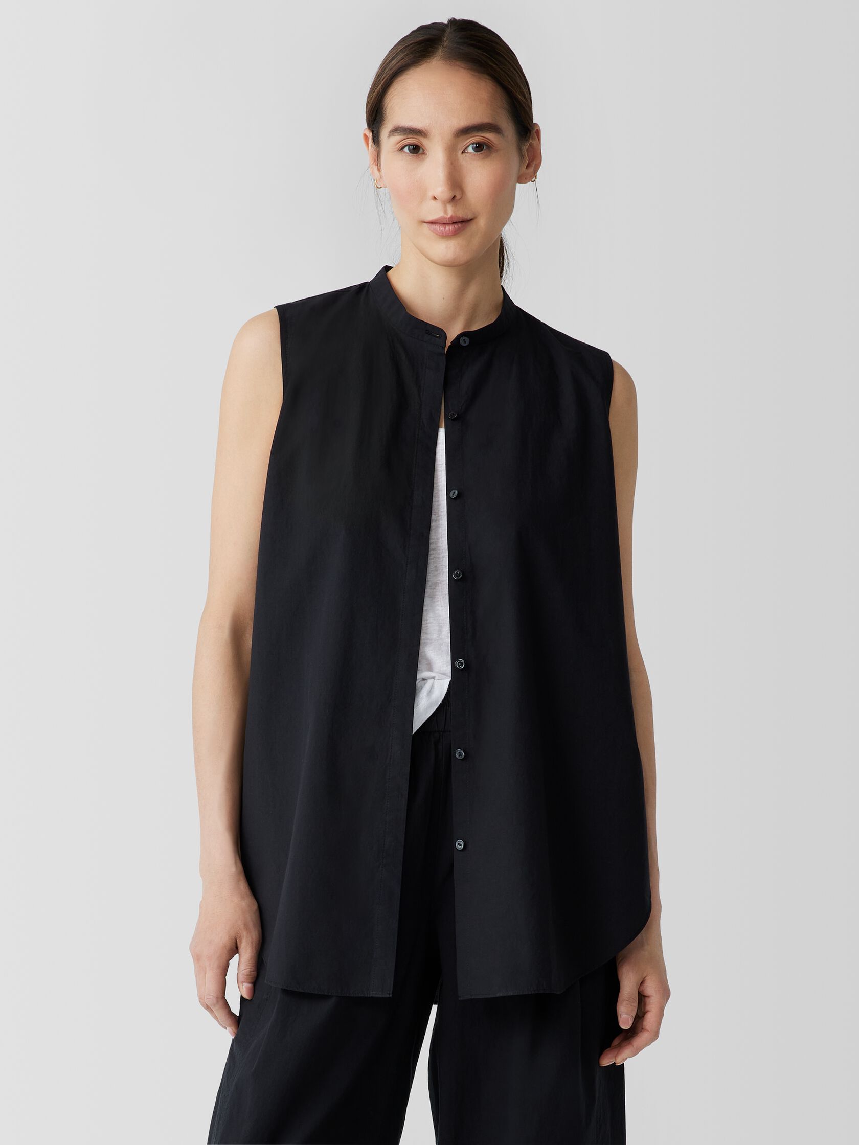 Washed Organic Cotton Poplin Band Collar Shirt