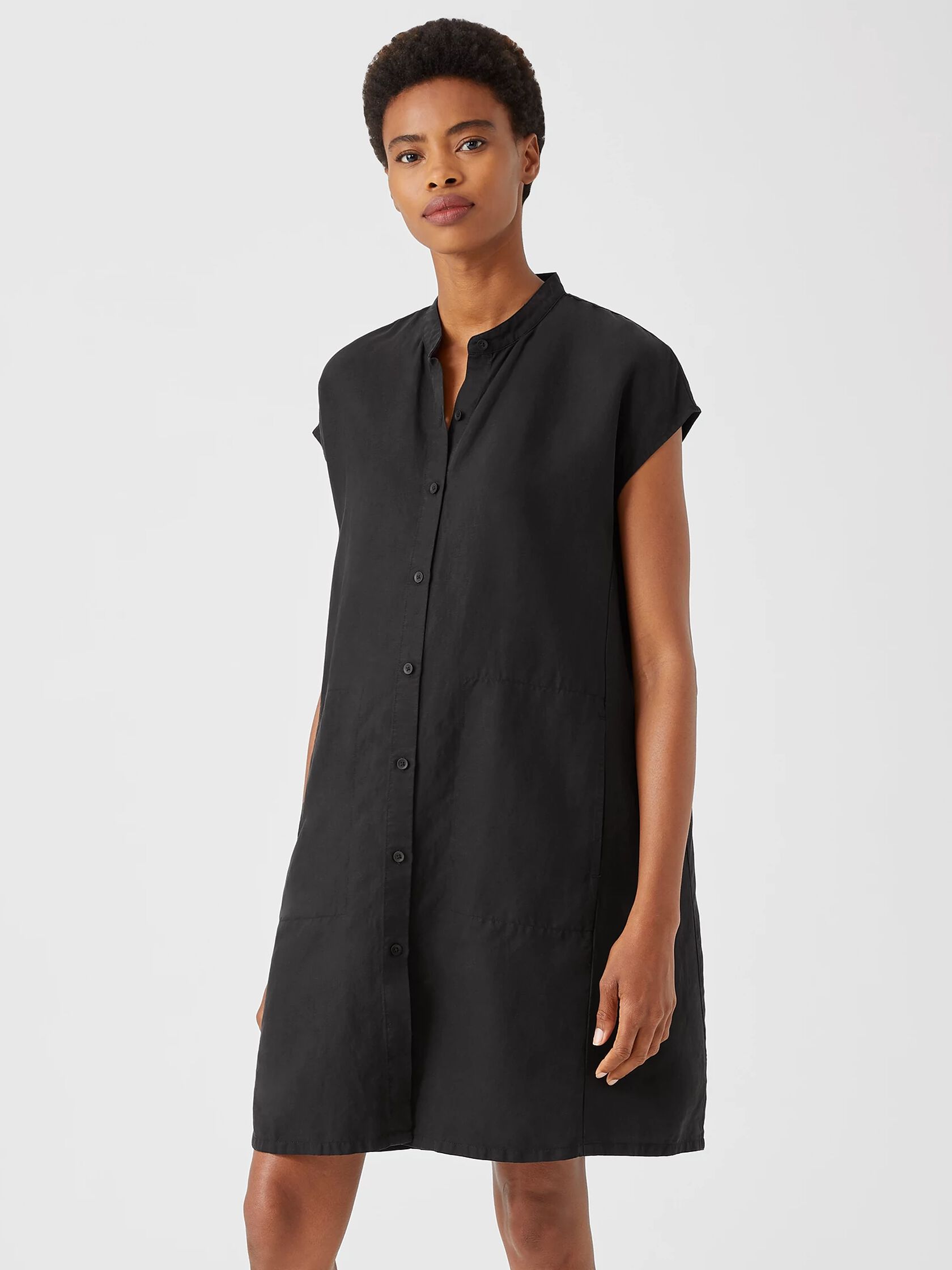 Linen Blend Mandarin Collar Shirtdress