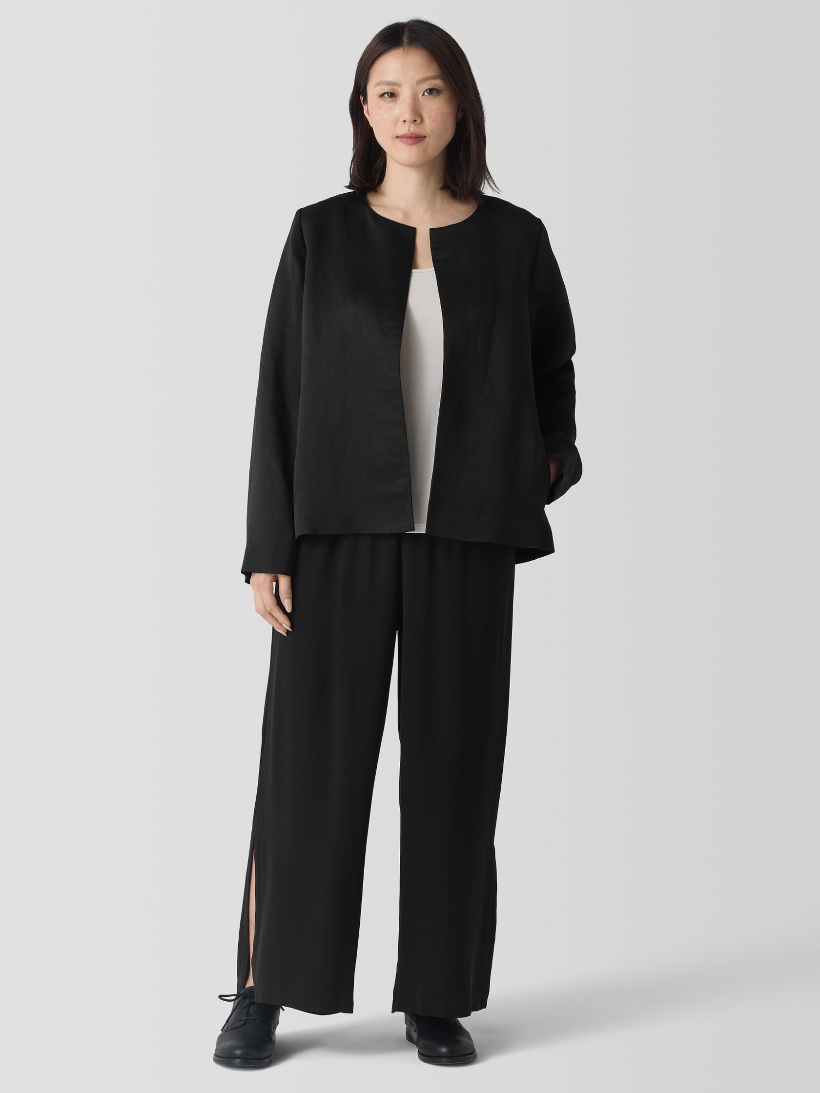 Linen Silk Satin Round Neck Jacket