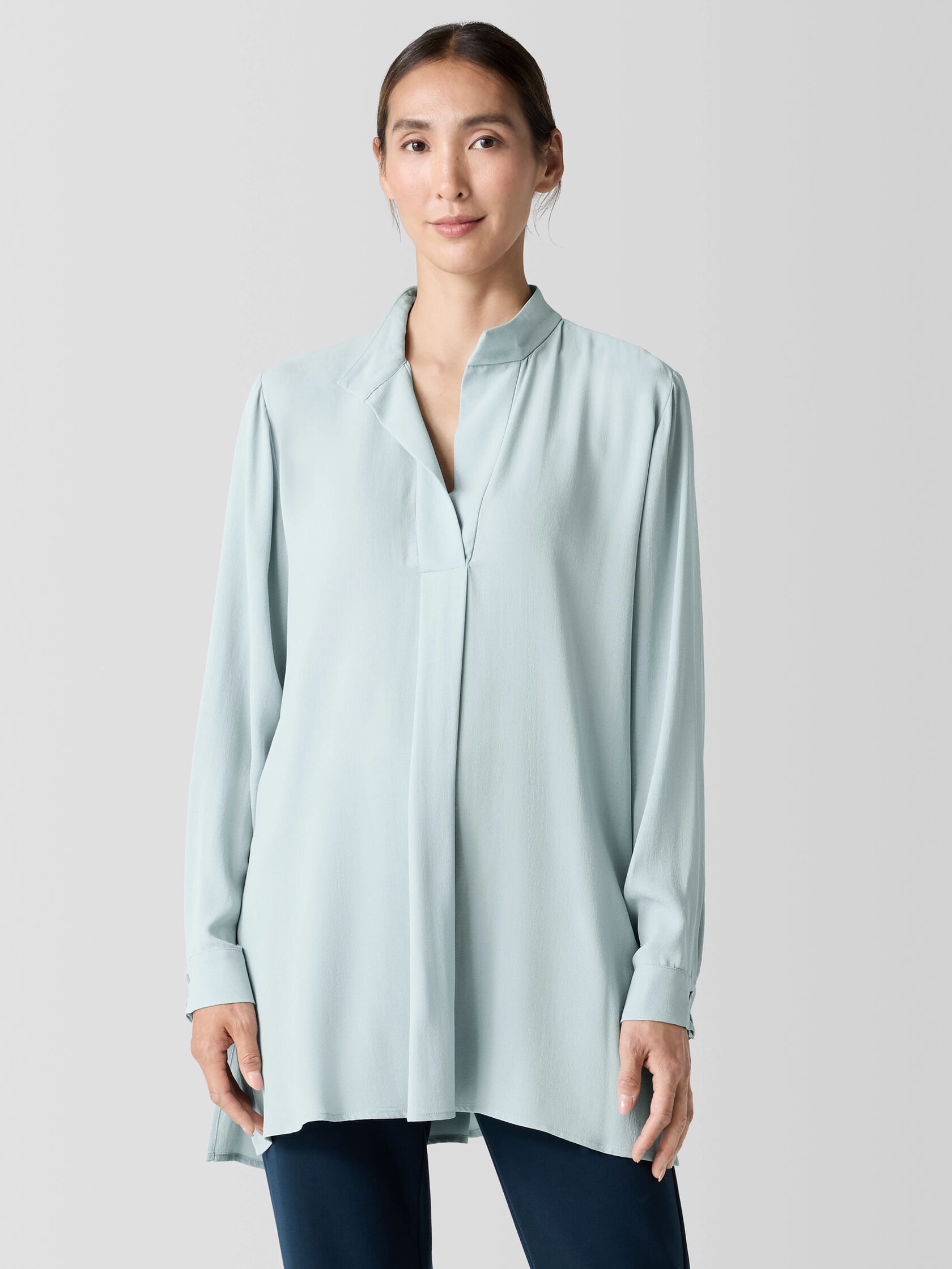 Silk Georgette Crepe Stand Collar Top