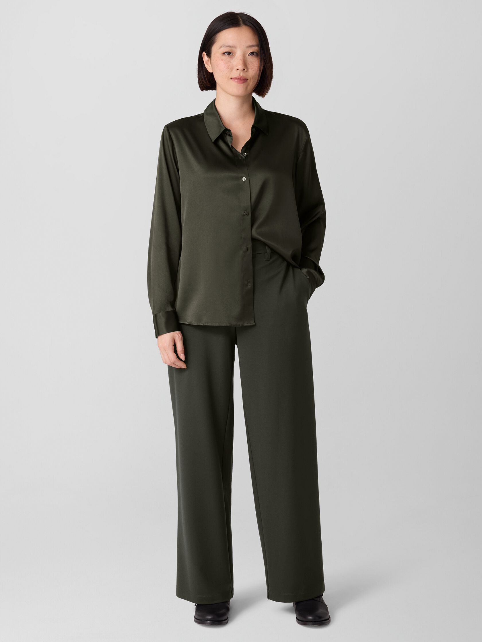 Stretch Silk Charmeuse Classic Collar Shirt