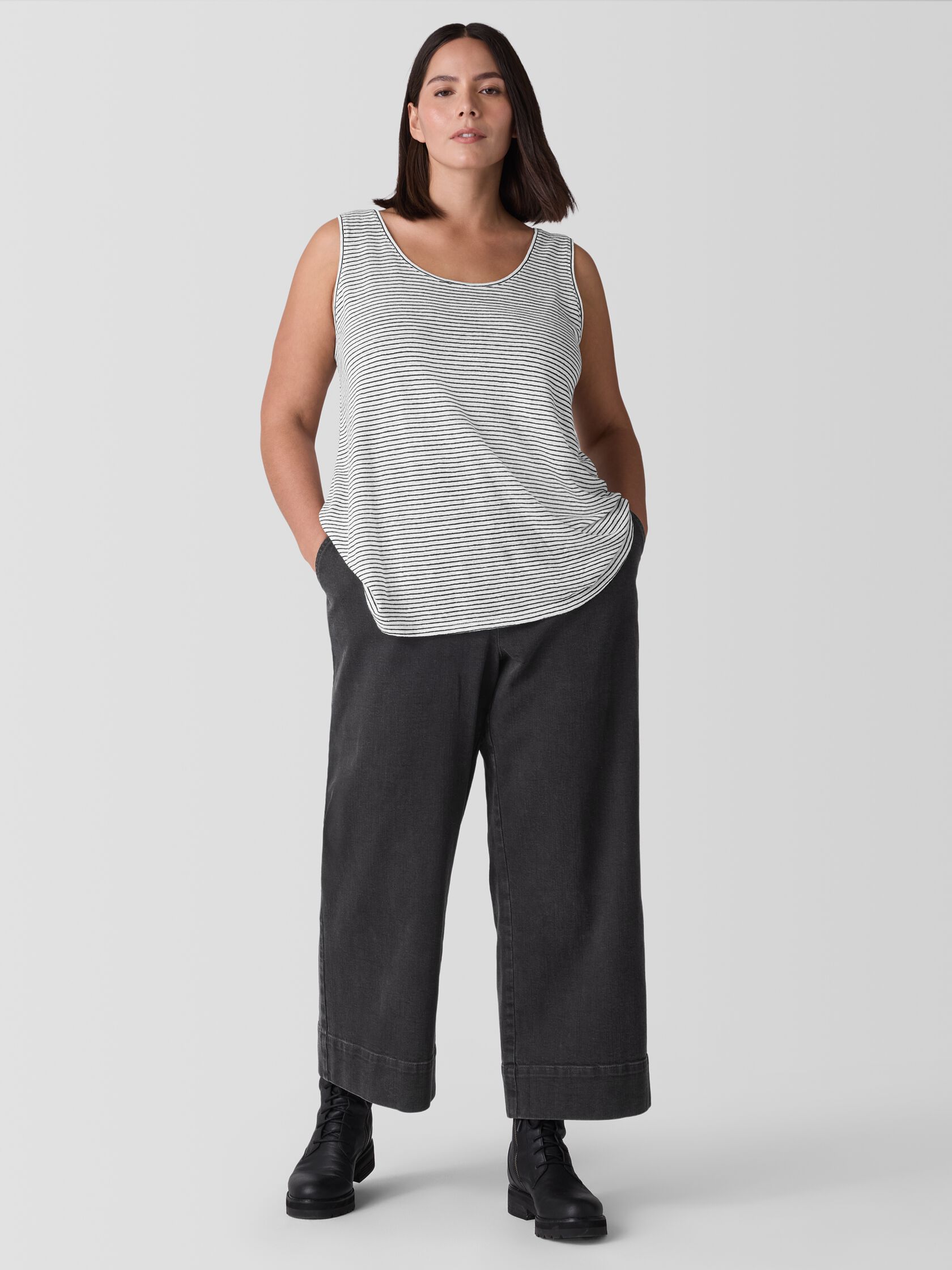 Striped Organic Linen Jersey Scoop Neck Tank