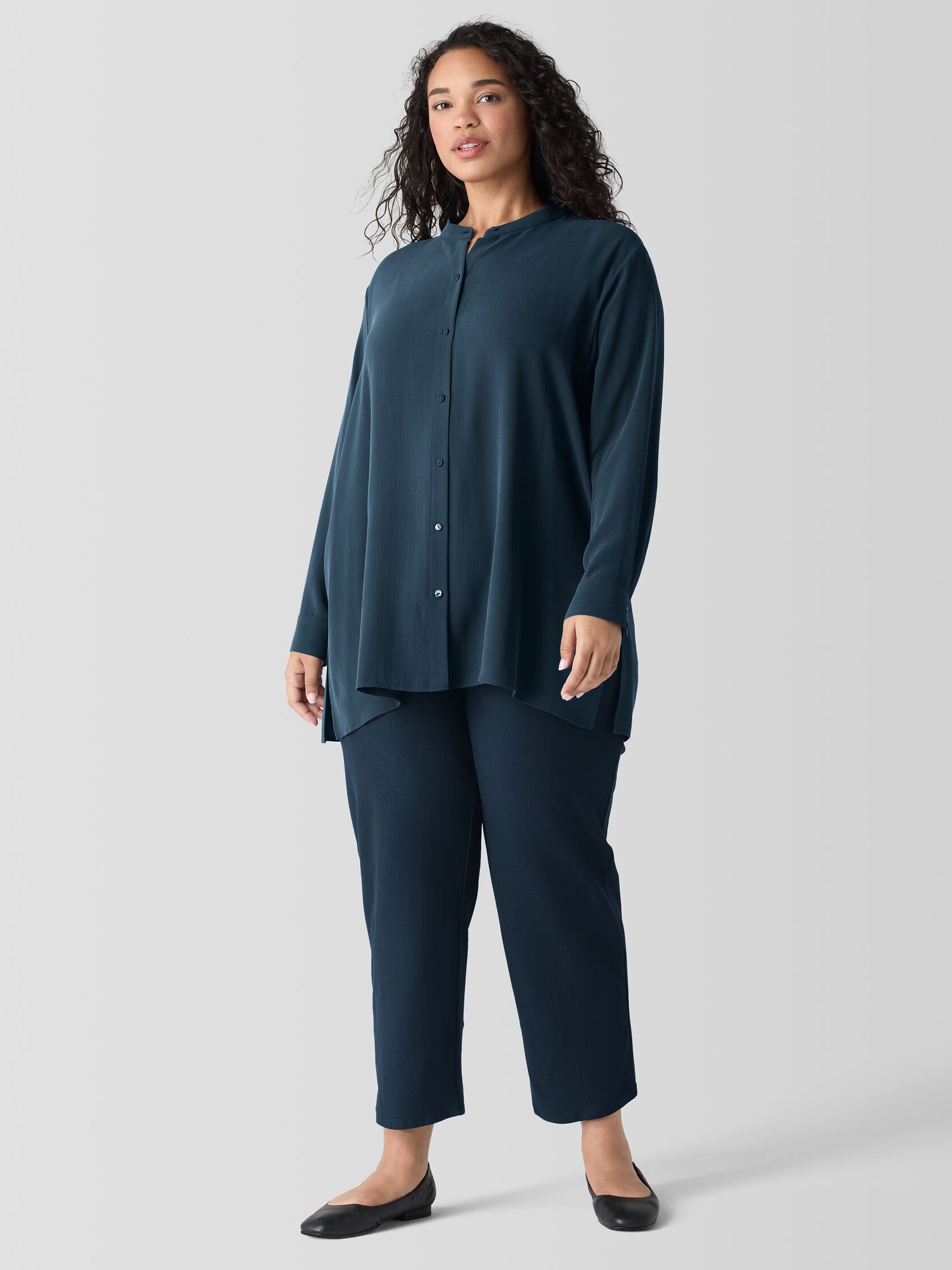 Silk Georgette Crepe Band Collar Shirt