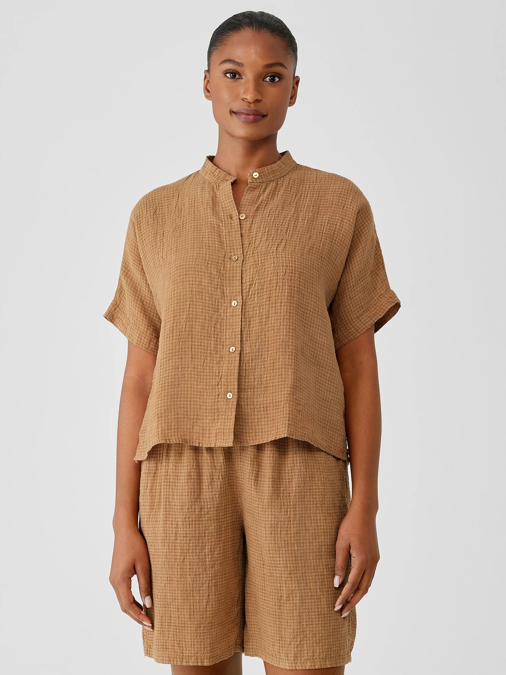 Puckered Organic Linen Short-Sleeve Shirt