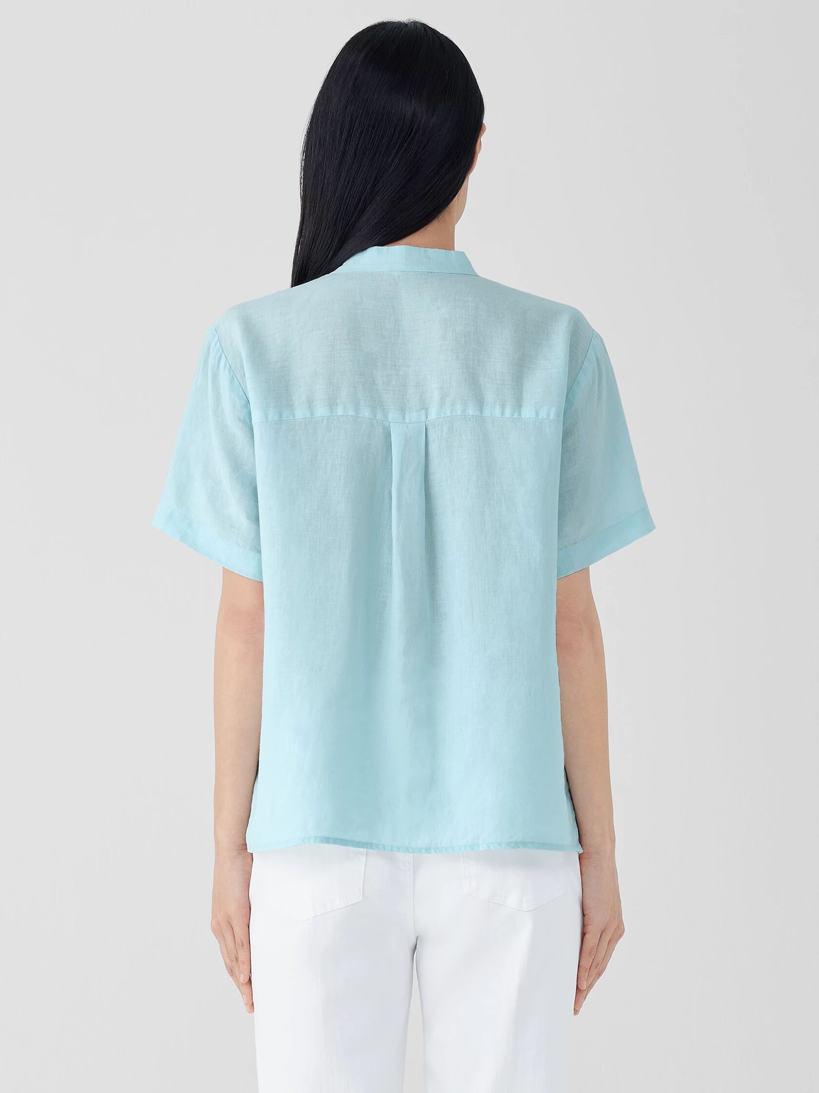 Organic Handkerchief Linen Band Collar Short-Sleeve Shirt