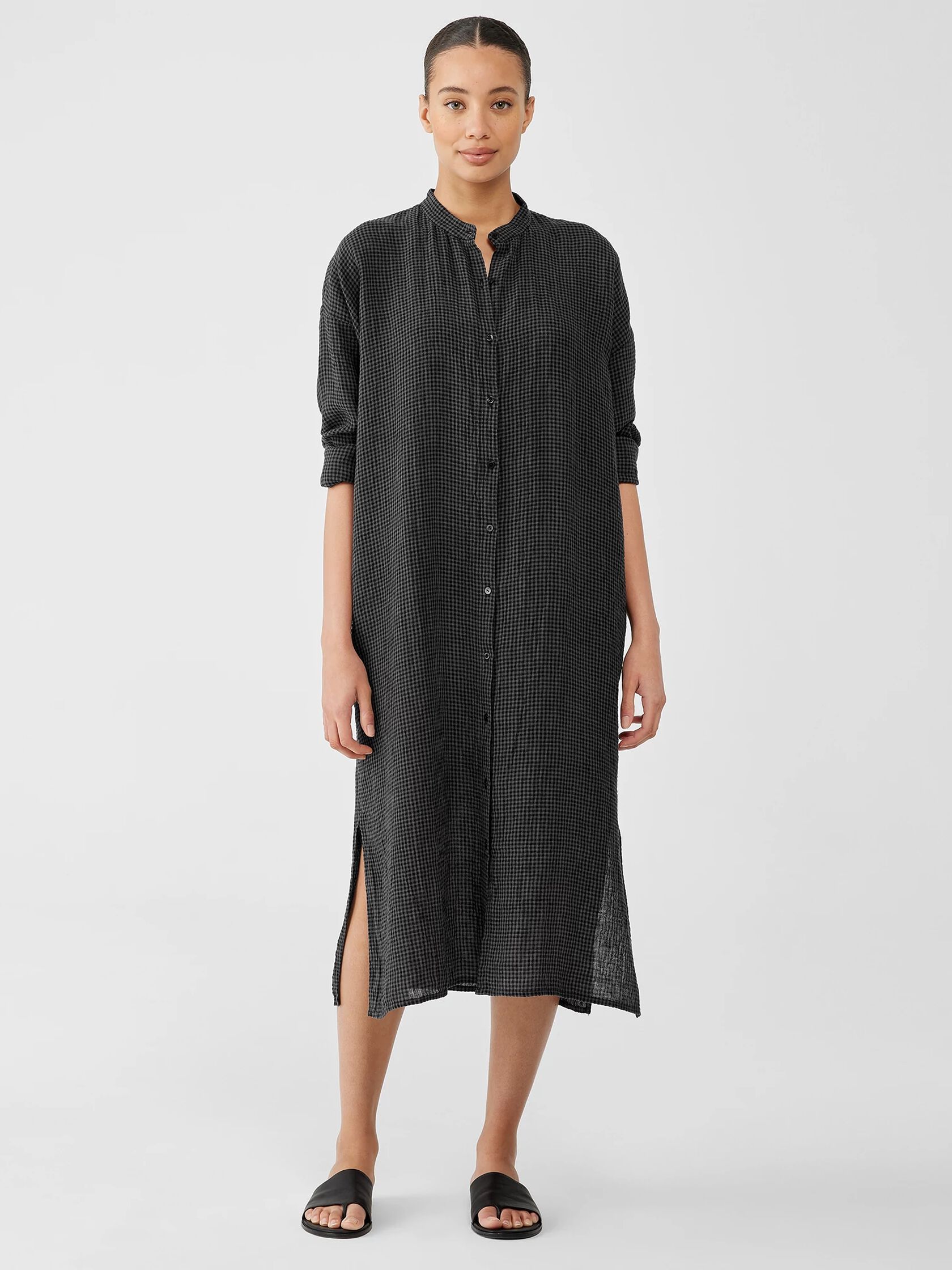 Puckered Organic Linen Long Shirtdress