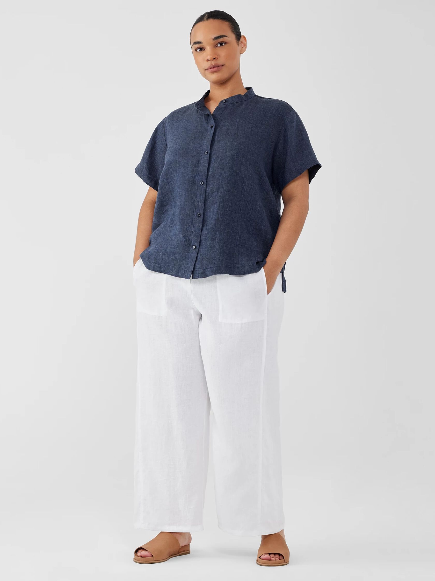 Washed Organic Linen D&eacute;lav&eacute; Band Collar Shirt