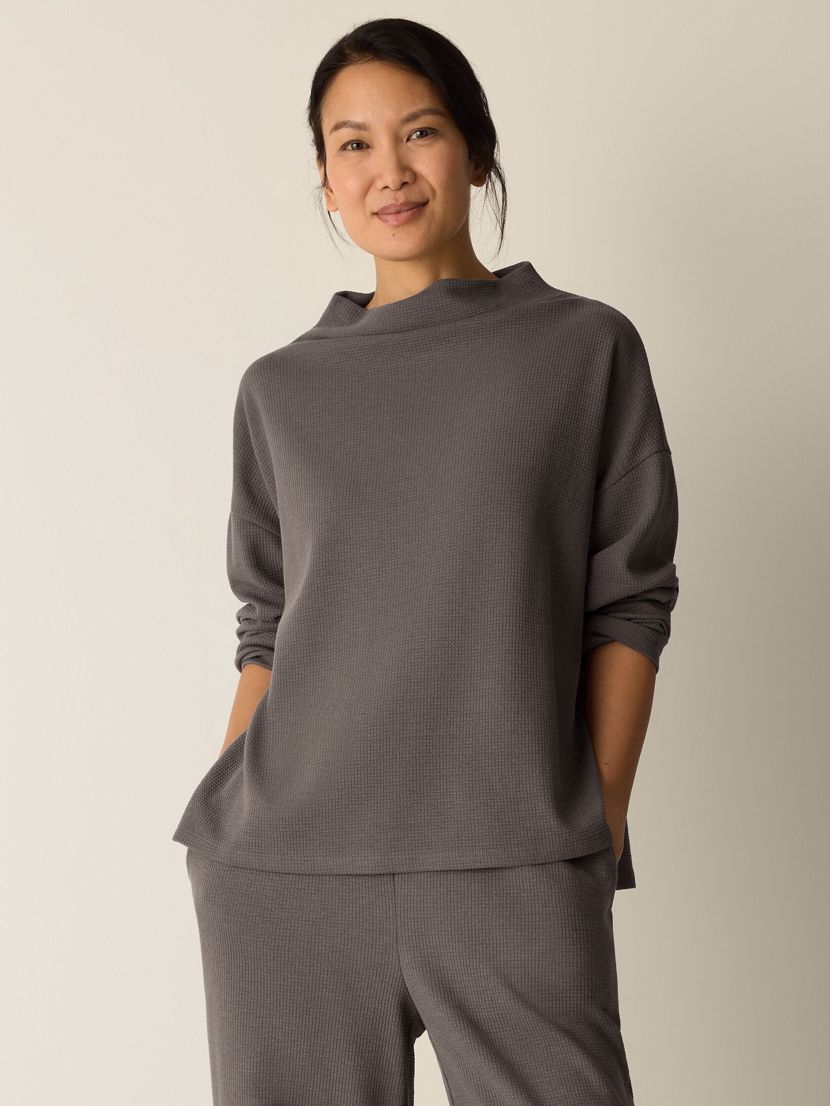 Waffle Cotton Blend Doubleknit Funnel Neck Box-Top