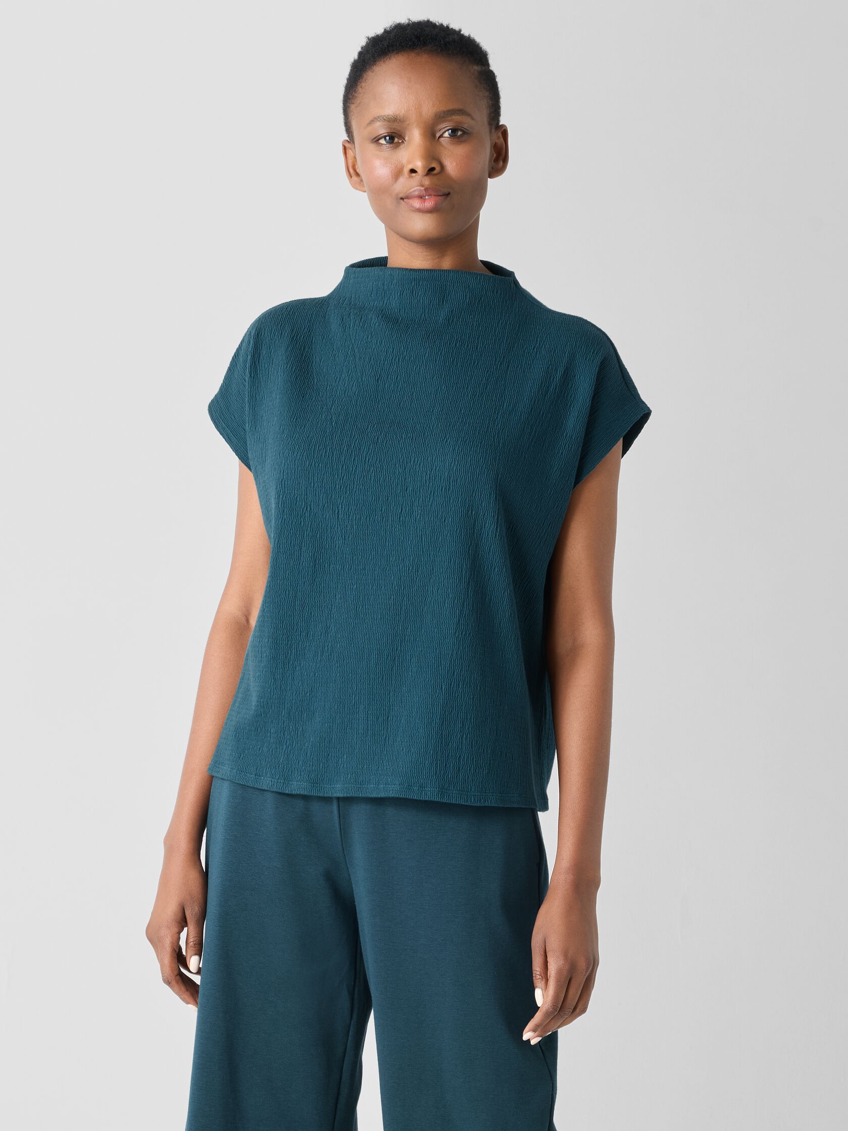 Crinkled Jersey Funnel Neck Top