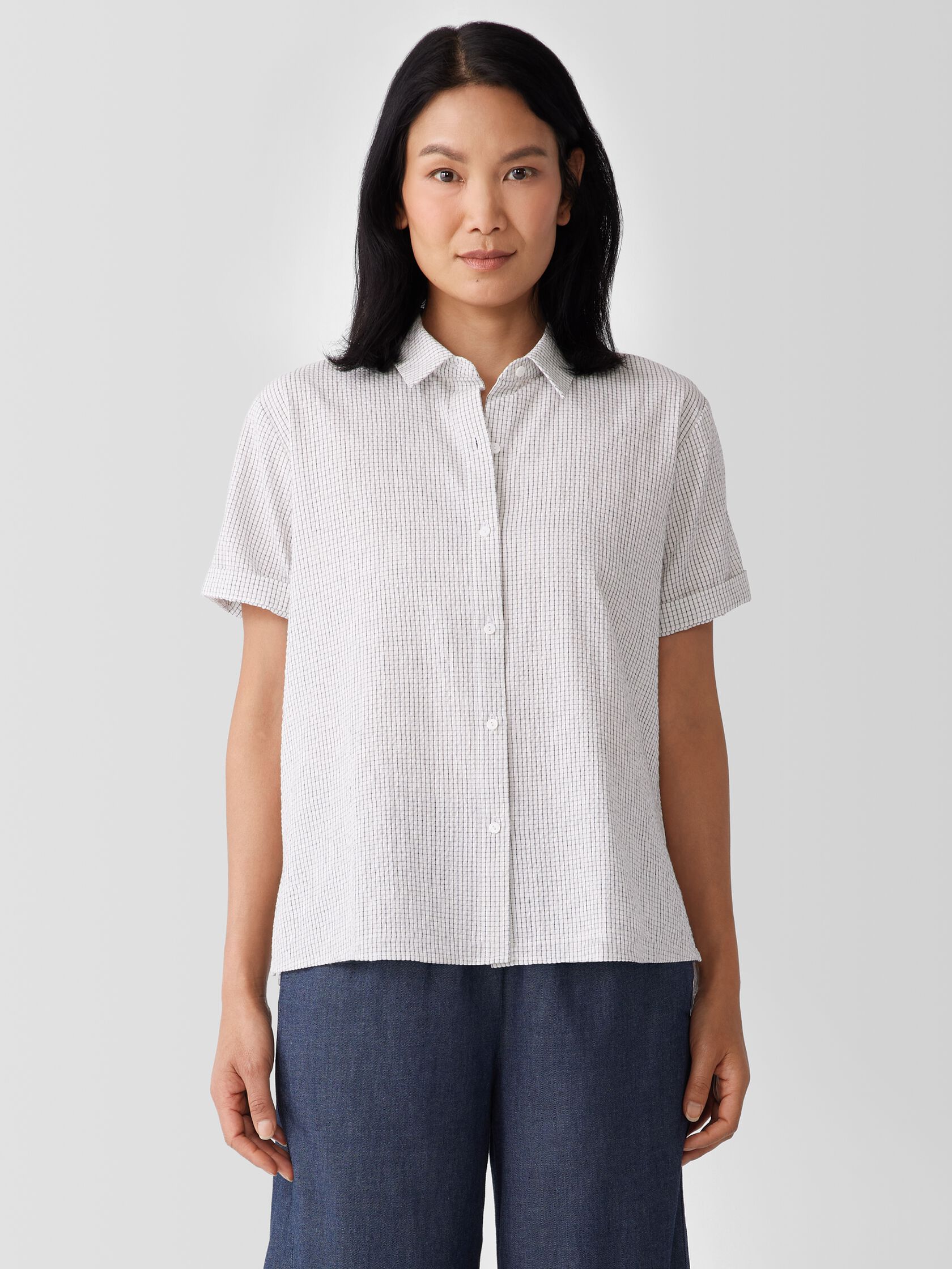 Organic Cotton Ripple&nbsp;Checkered&nbsp;Short-Sleeve Shirt