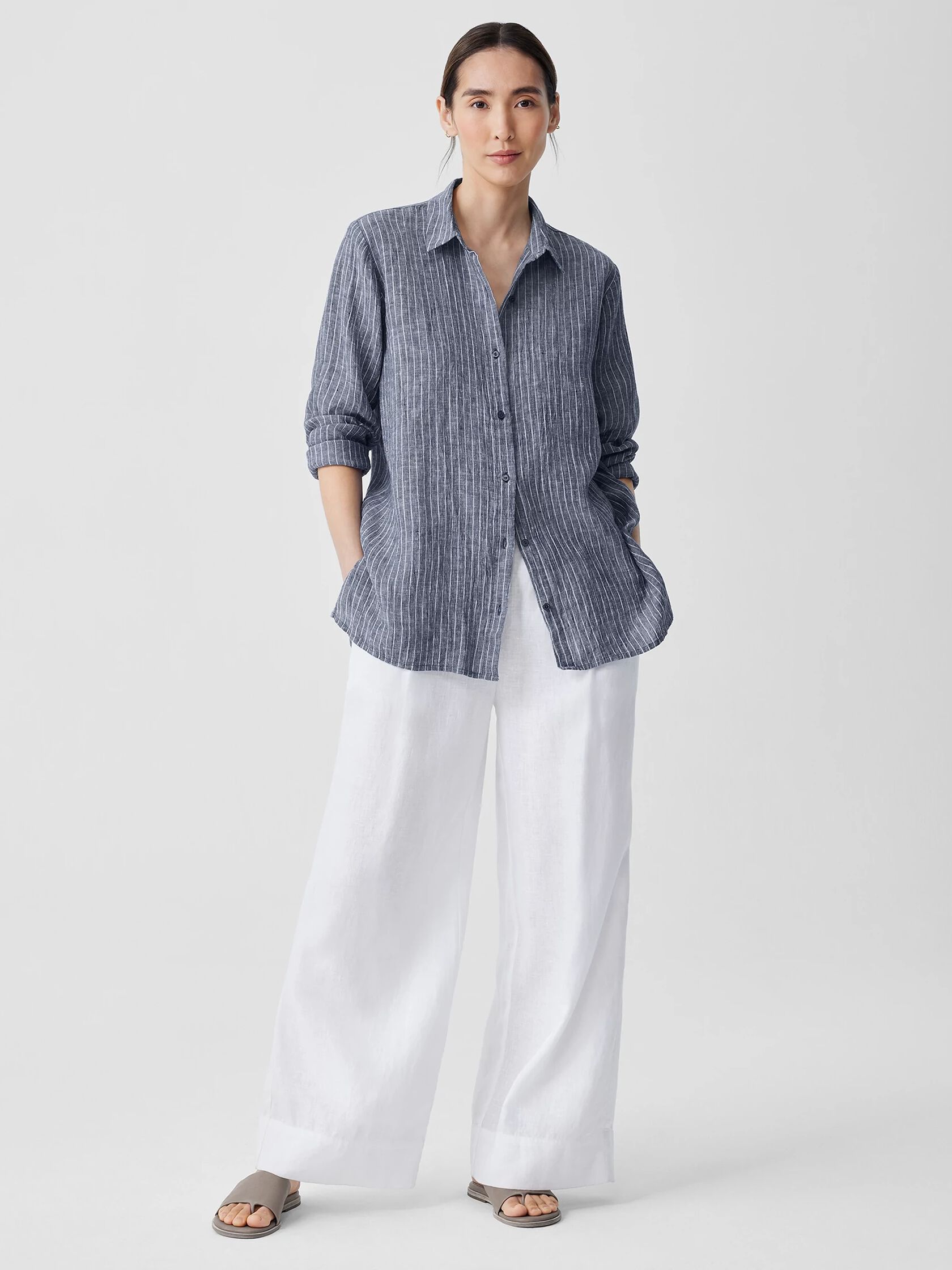 Puckered Organic Linen&nbsp;Classic Collar Long Shirt