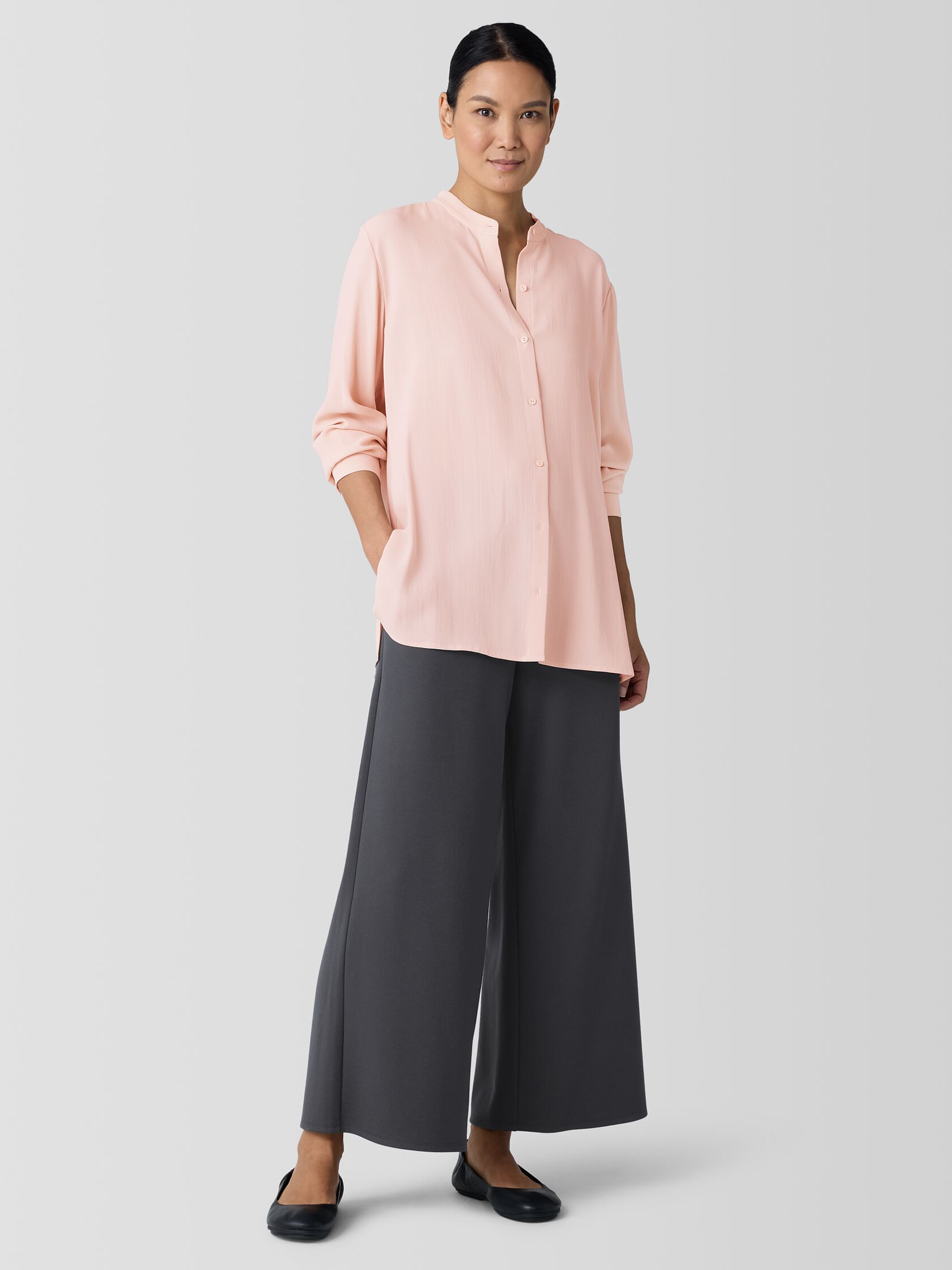 Silk Georgette Crepe Band Collar Shirt