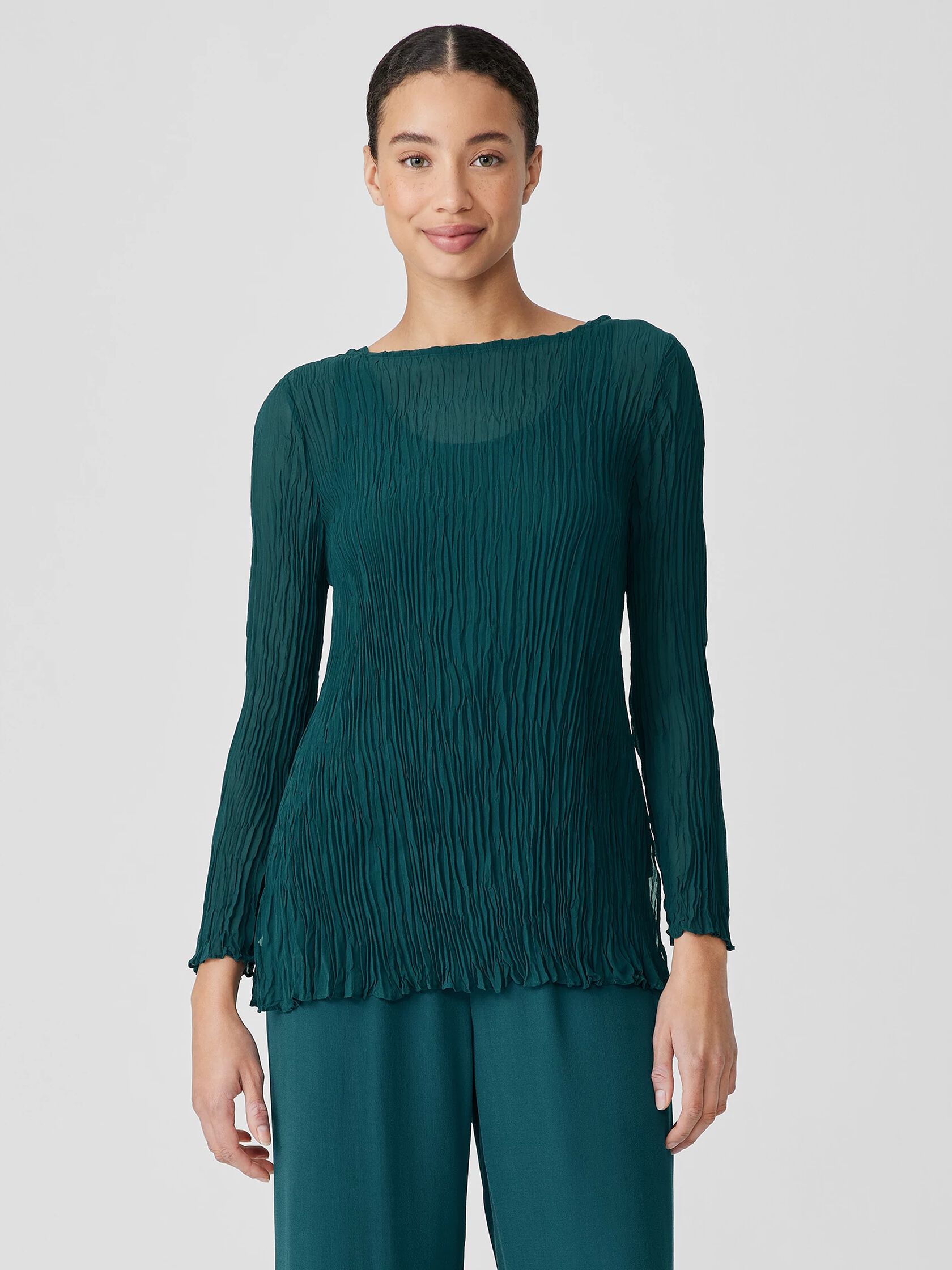 Crinkled Sheer Silk Georgette&nbsp;Bateau Neck Long Top