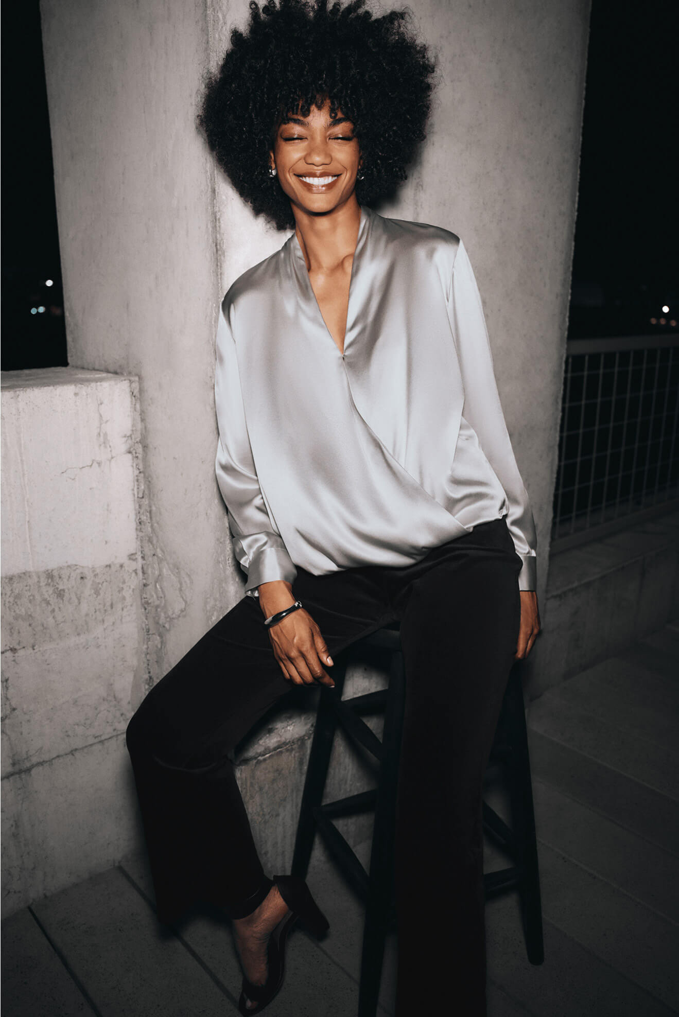 Stretch Silk Charmeuse Wrap Top and Brushed Organic Cotton Kick Pant